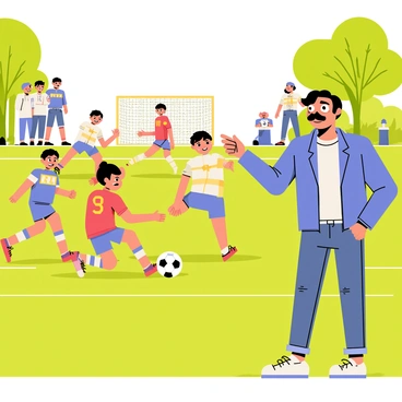 A cartoon-style illustration of "Ted Lasso" standing on the sidelines of a friendly football match in a neighborhood park. He is wearing his signature mustache and a blue jacket, holding a whistle in one hand. In the foreground, there are several kids playing football, wearing colorful jerseys and shorts, with expressions of excitement on their faces. The grass is bright green, and there are trees in the background, creating a lively park atmosphere. A few onlookers, including parents and friends, are cheering from the sidelines. The sun is shining, casting soft shadows on the scene.