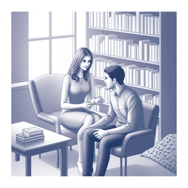 A couple sitting closely together in a cozy library corner. The woman is wearing a simple yet elegant dress, while the man is dressed in a casual button-up shirt and jeans. They are surrounded by shelves filled with books of various sizes. Soft light filters in from a nearby window, casting a warm glow over the scene. The man is holding a small open box with an engagement ring inside, and the woman's eyes are wide with surprise and joy as she looks at him. A few scattered books are on a small wooden table beside them, and a plush armchair with a knitted blanket is situated nearby. The overall atmosphere conveys intimacy and warmth.