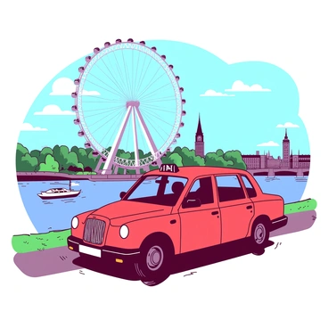 A red British taxi is parked along the edge of the Thames, facing towards the water. The taxi has its iconic black cab shape with a shiny exterior that reflects the sunlight. In the background, the London Eye stands tall, its large wheel turning slowly against a clear blue sky. The riverbank is lined with green grass, and a few pedestrians can be seen strolling nearby. A small boat is drifting gently on the Thames, adding to the lively atmosphere of the scene.