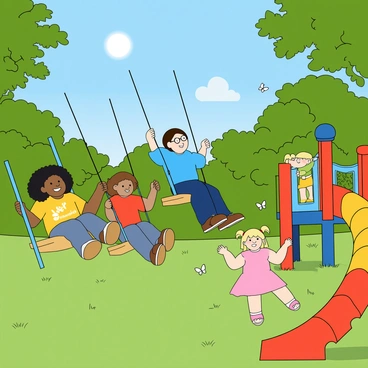 A diverse group of children playing joyfully in a park filled with greenery. There are three children on swings; one child with dark curly hair wearing a bright yellow t-shirt, another child with glasses in a blue shirt, and a third child with blonde hair in a red shirt. Each child is swinging high, with smiles on their faces. Nearby, a colorful slide with a spiral design is occupied by a girl in a pink dress, sliding down with excitement. The sun is shining brightly in a clear blue sky, casting playful shadows on the grass below. Lush trees surround the play area, providing some shade and a sense of nature. A few butterflies flutter around, adding to the vibrant atmosphere.