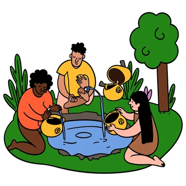 A group of gatherers with light and dark skin are collecting water from a natural spring surrounded by lush greenery. Several gatherers are kneeling by the spring, using hollowed-out gourds to scoop water. Each gatherer is wearing simple, earth-toned clothing. One gatherer with curly black hair is smiling as they fill their gourd. Another gatherer with long black hair is carefully pouring water from their gourd into a larger container. Sunlight filters through the trees, creating dappled patterns on the ground. The scene conveys a sense of community and connection with nature.