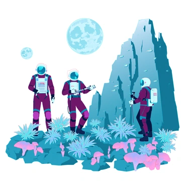 A group of astronauts in advanced space suits, exploring a distant planet with rugged terrain. The astronauts are examining unusual rock formations and vibrant, alien vegetation surrounding them. The landscape features steep cliffs, deep craters, and shimmering mineral deposits reflecting light. In the sky above, two moons can be seen, casting a silvery glow on the ground. The astronauts carry high-tech equipment and tools, interacting with the environment as they document their findings.