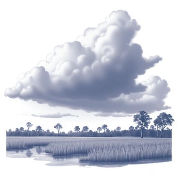 Dark storm clouds gathering in a tumultuous sky above a vast Everglades landscape. The dense vegetation of tall grasses and scattered trees sways gently in the approaching wind. In the distance, the outlines of cypress trees rise above the landscape, their reflections shimmering in the water below. The scene captures the dramatic tension of nature, with the clouds swirling ominously, hinting at an impending downpour. The air is heavy with anticipation as the elements come together in this striking natural setting.