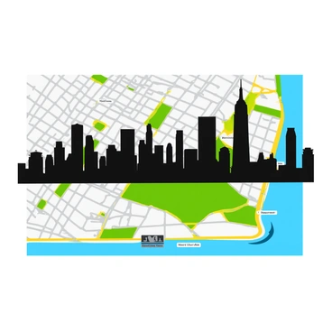 A detailed map of Manhattan featuring streets, parks, and significant landmarks. The map is overlaid with a bold black silhouette of the famous skyline, showcasing iconic buildings such as the Empire State Building and One World Trade Center. The skyline silhouette is prominent and contrasts sharply against the colorful details of the map underneath. The overall composition emphasizes the geographical layout of Manhattan while highlighting its recognizable architectural features.