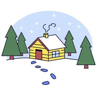 A snowy landscape featuring a small cozy cabin nestled among tall evergreen trees. The cabin has wooden walls and a chimney with smoke gently rising into the cold air. A blanket of white snow covers the ground and the cabin's roof, with snowflakes gently falling from the gray sky. In the foreground, there are small footprints leading towards the cabin, suggesting someone has just arrived. The scene is serene, evoking a sense of warmth and comfort amidst the winter chill.