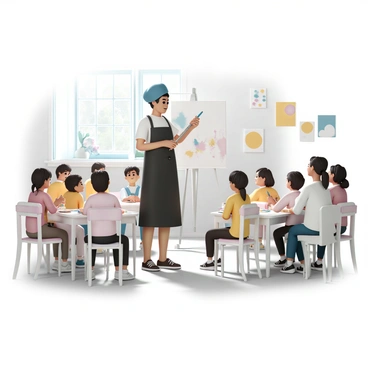 An artist, wearing a black apron and a blue beret, stands at the front of a bright classroom. The artist is holding a large paintbrush, demonstrating various brush techniques on a canvas. Around the artist, there are several attentive learners, each holding their own brush and palette. Some learners are sitting at tables, while others are standing, focused on the demonstration. The walls of the classroom are adorned with colorful paintings and art supplies are scattered across the tables. Natural light streams in through large windows, illuminating the scene.