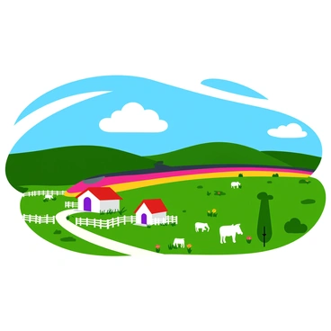 A sleek, modern bullet train in vibrant colors is whizzing past a rural landscape. The train has a streamlined shape and is depicted in motion, with blurred lines behind it to emphasize its speed. The countryside features rolling green hills dotted with patches of wildflowers in various colors. A small farmhouse with a red roof sits in the foreground, surrounded by a white picket fence. A few grazing cows can be seen nearby, while a bright blue sky with fluffy white clouds provides a cheerful backdrop.