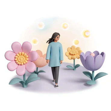 A person with long, flowing hair, wearing a light blue tunic and dark pants, is walking calmly through a whimsical landscape. The scenery is filled with oversized flowers in vibrant colors, including pink, purple, and yellow. Each flower appears to be at least twice the height of the person, with intricate petal details. Glowing lights, resembling small orbs, float gently in the air around the character, illuminating the path. The sky above is a soft gradient of pastel colors, adding to the enchanting atmosphere. The character has a thoughtful expression, reflecting a sense of wonder as they explore this magical environment.