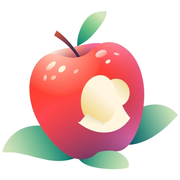 A close-up view of a shiny red apple with a bite taken out of it, exposing the white, crisp interior. The apple has droplets of water on its surface, reflecting light, and the bite reveals the smooth texture of the flesh inside. Surrounding the apple is a soft focus of green leaves, adding to the freshness of the scene. The stem of the apple is visible, with a small leaf attached to it, enhancing the natural look of the fruit.