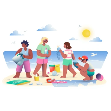 A group of five children is on the beach, actively participating in a cleanup. One child with curly black hair is holding a blue trash bag filled with collected plastic waste. Another child, who has straight blonde hair, is picking up a plastic bottle from the sand. A girl with brown hair in a ponytail is wearing a bright red hat and is using gloves to gather small bits of plastic debris. Nearby, a boy with glasses is reaching to pick up a piece of fishing net. The sun is shining brightly overhead, casting shadows on the brightly colored beach towels and buckets scattered around them. In the background, gentle waves are lapping at the shore, and seagulls can be seen flying in the clear blue sky.