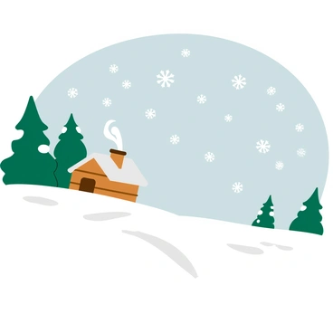 Delicate snowflakes in varied shapes and sizes are falling softly from a gray sky. The ground is blanketed with a thick layer of fresh, white snow that sparkles under the soft light. In the background, there are tall evergreen trees dusted with snow, their branches heavy with the weight of winter. A small wooden cabin is visible, with smoke gently curling from its chimney, adding warmth to the cold scene. The overall atmosphere is peaceful, inviting viewers into the serene snowy landscape.