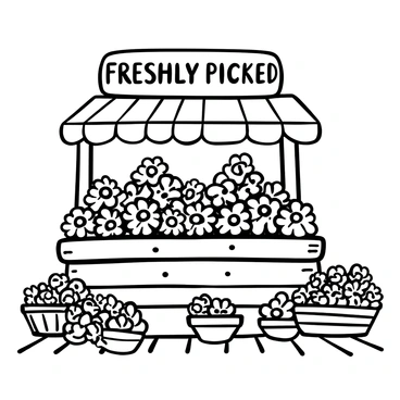 A market stall with a wooden structure is overflowing with "freshly picked marigolds" stacked in neat bunches. The marigolds are intricately arranged, showcasing their detailed petals. Surrounding the stall, there are various small baskets filled with additional "marigolds" placed at different angles. A sign on the stall displays the price of the flowers in an elegant font. The background features a cobblestone pathway, enhancing the market atmosphere.