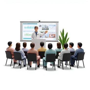 A doctor with short brown hair and wearing a white lab coat stands confidently at a podium. He has a stethoscope around his neck and is gesturing with one hand as he speaks. Behind him is a large projector screen displaying a detailed medical presentation with graphs and images. The audience, composed of various medical professionals, is seated and focused on the speaker. The room is well-lit, with a modern design, featuring chairs and a few plants in the background.