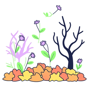 A whimsical scene featuring autumn leaves and dead flowers swirling in the wind. The ground is covered with orange and yellow leaves, creating a textured blanket. In the foreground, several dried flowers with thin, delicate stems are scattered among the leaves. A gentle breeze lifts these leaves and flowers, causing them to dance mid-air. In the background, there are bare trees with twisted branches, their silhouettes contrasting against the sky.