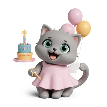 A fluffy gray cat, wearing a shimmering pink dress with silver sparkles, is adorned with tiny iridescent wings on its back. The cat is sitting upright, holding a small golden magic wand in its paw. Its big green eyes are wide with excitement, and it has a playful expression. The background features colorful balloons and a festive birthday cake, enhancing the celebratory atmosphere of the scene.