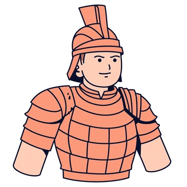 A close-up view of a warrior from the terracotta army. The warrior is wearing detailed armor with intricate patterns and grooves carved into the surface. His facial features are carefully sculpted, showing a serious expression with pronounced cheekbones and a defined jawline. The warrior's helmet is adorned with decorative elements, and hints of weathering can be seen on the clay surface, emphasizing the craftsmanship of the statue.