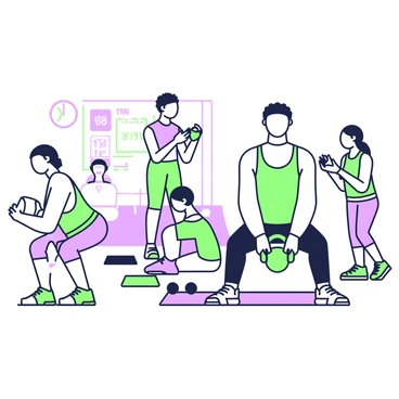A group of individuals engaged in a circuit training session is spread across a gym space. In the center, one person is performing a kettlebell deadlift with a green kettlebell, showcasing proper form with their back straight and knees slightly bent. To the left, another individual is in a squat position holding a purple resistance band, while a third participant is doing push-ups on a purple mat. In the background, a trainer is guiding the session, clapping and motivating the group, with a timer displayed on a wall behind them. Various fitness equipment is scattered around, including exercise mats and dumbbells arranged neatly.