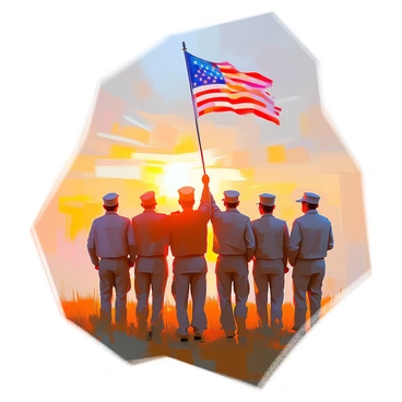 A group of veterans with diverse appearances stands together, proudly raising an American flag. They are dressed in military uniforms, looking resolute and united. The scene takes place at dawn, with the first light of day illuminating their faces. The sun rises in the background, casting a warm glow across the landscape, highlighting the flag as it flutters in the gentle morning breeze. The veterans are positioned in a way that emphasizes their camaraderie and shared purpose.
