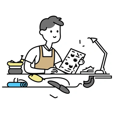 A shoemaker is sitting at a wooden desk, surrounded by various materials and tools. He has short, dark hair and is wearing a brown apron over a white shirt. He is intently looking at a sketchbook filled with shoe designs. Scattered around the desk are rolls of leather and a pair of unfinished shoes. A lamp on the desk illuminates the area, casting a soft light on his thoughtful expression as he contemplates his next creation.