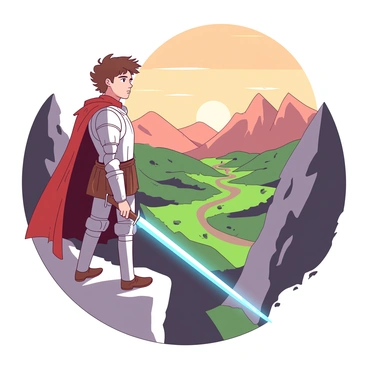 A brave young hero with tousled brown hair is standing confidently on a high cliff. He is dressed in a shining silver armor that reflects the sun's light, and in his right hand, he holds a glowing blue magical sword pointed slightly downward. The valley below is lush and green, with a winding river cutting through it, surrounded by towering mountains in the distance. The hero's expression is determined as he gazes across the expansive landscape, with a gentle breeze rustling his cape. The sky above is a soft orange hue, indicating the approach of sunset.