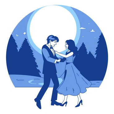 A couple dressed in elegant attire is dancing under a large, glowing moon. The moonlight casts a soft illumination over the scene, highlighting their graceful movements. The couple appears to be in perfect sync with each other, yet they are separated by an invisible barrier that creates a sense of distance between them. The background features subtle silhouettes of trees, enhancing the nighttime atmosphere. The couple's expressions convey a blend of joy and longing as they dance, showcasing the tension of their separation.