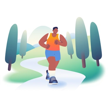 A jogger with short black hair is running along a quiet, winding path surrounded by tall trees. The path is slightly damp, reflecting the soft morning light. The jogger is wearing a bright orange tank top and blue athletic shorts. There is a gentle mist hovering in the air, creating a soft atmosphere around the scene. In the background, silhouettes of distant hills can be seen through the light fog, enhancing the tranquility of the moment. The jogger's expression is focused, showcasing determination as they move briskly along the path.