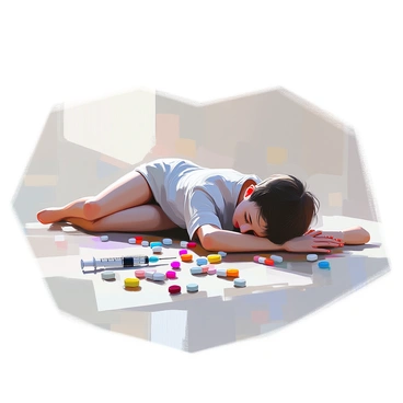 A figure with a pale complexion is lying on the ground, positioned in a relaxed manner with arms stretched out. The figure is dressed in a casual, dark outfit. Scattered around the figure are various colorful pills, creating a chaotic arrangement. A medical syringe, partially filled, rests nearby on the ground, reflecting a glint of light. The scene conveys a sense of stillness and tension, with the figure's hair slightly tousled. The background is softly blurred, focusing attention on the figure and the scattered items.