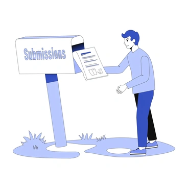 A person is standing next to a mailbox labeled "Submissions." The mailbox is mounted on a post, and it features a slot at the top for inserting items. The person is holding an illustration request form, clearly visible and slightly crumpled, preparing to insert it into the mailbox's slot. The individual looks focused and determined, with a slight lean towards the mailbox. The surrounding area includes a path leading up to the mailbox, with grass and a few small shrubs nearby.