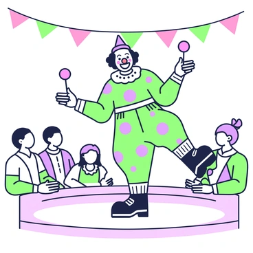A clown is standing in the center of a circus ring, wearing a brightly colored costume adorned with large polka dots. He is balancing on one foot while holding a juggling pin in each hand. The clown has a big red nose and exaggerated makeup, with a wide smile painted on his face. He is wearing oversized, comical butt padding that adds a humorous effect to his performance. Around the clown, spectators are seated, wearing amazed expressions as they watch him perform. Colorful banners hang above, adding to the festive atmosphere of the circus.