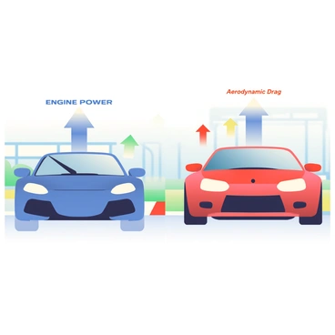 Two cars are positioned side by side on a racetrack, engaged in a drag race. The first car is a sleek blue sports car with a glossy finish and aerodynamic curves, while the second car is a red muscle car with bold lines and a powerful stance. Both cars have their engines revving, and arrows are illustrated above each vehicle to indicate their engine power; the blue car has a strong upward arrow labeled "Engine Power," and the red car has a slightly smaller upward arrow. Additionally, arrows representing aerodynamic drag are shown in the opposite direction; the blue car has a smaller arrow labeled "Aerodynamic Drag," while the red car has a larger arrow. The background features a blurred view of the racetrack, emphasizing the speed of the race.