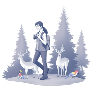 A customer is positioned in a natural setting, surrounded by lush greenery and various trees. The individual is smiling and holding a camera, capturing the moment. Nearby, wildlife such as a deer and a colorful bird can be observed in their natural habitat. The customer is dressed in casual outdoor clothing, and a backpack can be seen resting against a tree. The scene conveys a sense of adventure and appreciation for nature.