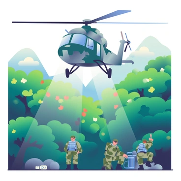 An NH90 helicopter with a dark green and gray camouflage pattern is hovering above a dense jungle. The helicopter's rotor blades are in motion, creating a blur effect. Below, a rich canopy of vibrant green trees is visible, with some trees showing splashes of bright flowers. Sunlight filters through the leaves, casting dappled shadows on the ground. In the background, misty hills can be seen, adding depth to the scene. A team of soldiers in camouflage gear is preparing for the exercise near the helicopter, with equipment scattered around.