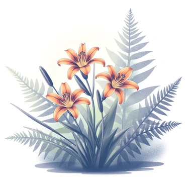 A cluster of "tiger lilies" stands prominently among a backdrop of "lush green ferns." The lilies feature striking orange petals with dark spots, creating a vivid contrast against the greenery. The ferns have delicate fronds that fan out around the flowers, accentuating the natural woodland environment. Soft, dappled light filters through the tree canopy above, casting gentle shadows on the ground. The scene conveys a sense of tranquility and organic beauty within the forest.