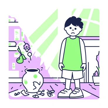 A child is standing next to a broken vase on the floor. The child has tousled hair and a slight frown, looking guilty. Sunlight streams through a nearby window, creating a warm glow around the child. The broken vase is shattered into several pieces scattered around, with hints of flowers that were once in it. The room has a wooden floor and soft shadows cast by the sunlight. In the background, there are shelves with books and a small potted plant.