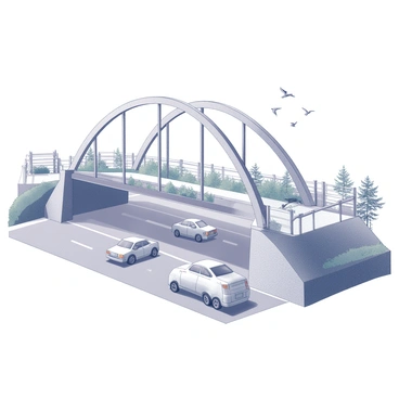 A bridge designed specifically for wildlife crossing spans over a busy highway. The structure features a wide arching design that allows for ample space underneath. The bridge is adorned with natural elements, such as grass, shrubs, and small trees on its surface, creating a habitat for various wildlife. Railings made of natural wood blend seamlessly with the environment. Below, vehicles can be seen traveling along the highway, showcasing the contrast between the bustling road and the tranquil wildlife crossing. In the foreground, a deer cautiously approaches the entrance of the bridge, while birds are seen flying overhead, emphasizing the bridge's purpose as a safe passage for animals.