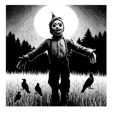 A scarecrow is positioned upright in the center of a field. The scarecrow has a burlap sack for a head, with button eyes and a crooked smile. It is dressed in tattered clothing that flutters gently in the breeze. Surrounding the scarecrow are several crows perched on its outstretched arms and scattered on the ground. Wisps of mist curl around the base of the scarecrow and the crows, creating an eerie atmosphere. The background features an expanse of tall grass and distant trees shrouded in shadows, illuminated by the soft glow of the moon.