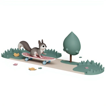A small, agile squirrel with a bushy tail is riding a tiny skateboard along a park path. The squirrel's fur is a mix of gray and brown, and it has bright, curious eyes. The skateboard is brightly colored with red and blue designs, and the wheels are spinning quickly as the squirrel expertly balances. Surrounding the path are patches of green grass and scattered fallen leaves, with a few trees in the background providing shade. The scene is lively, capturing the energy of the squirrel as it glides along the path.