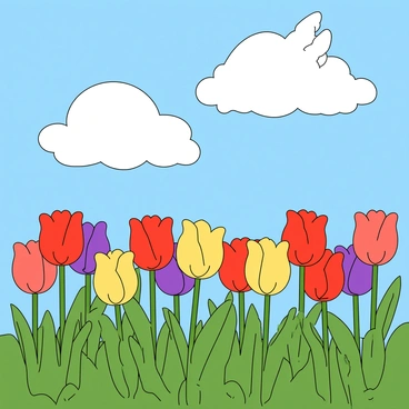 Fluffy white clouds shaped like bunnies are floating in a bright blue sky. Below, a vibrant field of tulips bursts with color, featuring shades of red, yellow, and purple. The tulips stand tall with their green stems and leaves, gently swaying in a light breeze. The scene is filled with sunshine, casting soft shadows on the colorful flowers as the bunny-shaped clouds drift lazily overhead.
