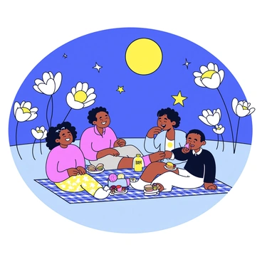 A group of five people sitting on a checkered picnic blanket under a bright moon. The moonlight casts a gentle glow over the scene. Surrounding them are blooming moonflowers with large white petals that open up at night. The people are enjoying various picnic foods, including sandwiches and fruit, placed on the blanket. Some are laughing and talking, while others are lying back and gazing at the stars above. The atmosphere is lively, filled with a sense of joy and connection in the tranquil night setting.