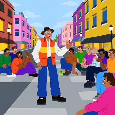 An urban storyteller captivating an audience with tales of the city's rich history