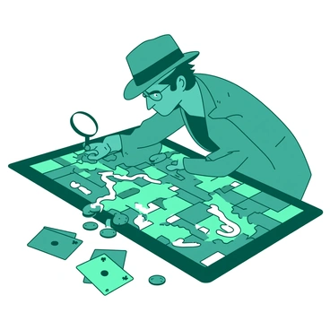 A teal detective character wearing a classic trench coat and a fedora is leaning over a large, intricate game board. The game board features various colorful pieces and pathways, creating a sense of mystery. The detective is holding a white magnifying glass in one hand, examining a specific area of the board closely. The character's expression is focused and curious, with a hint of intrigue. Surrounding the game board, there are scattered playing cards in shades of teal and white, adding to the atmosphere of investigation.