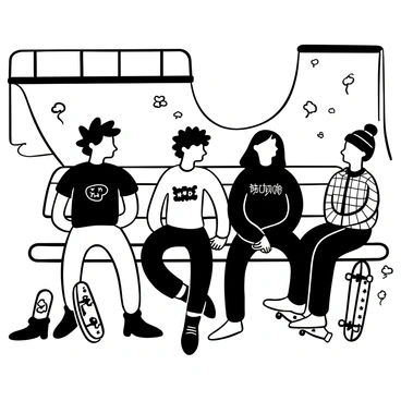 A group of three emo friends sitting together on a bench at a skatepark. The first friend has spiky black hair and is wearing a band t-shirt and ripped jeans, holding a skateboard resting beside him. The second friend has long, straight black hair and is dressed in a hoodie and skinny jeans, demonstrating a trick on his skateboard nearby. The third friend has a colorful beanie, a plaid shirt, and studded bracelets, laughing as she watches the others. A half-pipe ramp is in the background, and several skateboards are scattered around. There are graffiti designs on the walls of the skatepark.