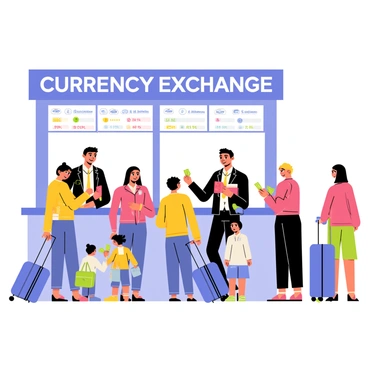 A busy currency exchange booth located in an international airport. The booth has a bright blue sign displaying the words "Currency Exchange" in bold letters. Behind the counter, there are two employees assisting customers, each wearing uniforms and smiling. A diverse group of travelers is lined up at the booth, including a man in a suit, a woman in traditional clothing, and a family with children. Some travelers are holding passports while others are counting cash. The atmosphere is lively, with suitcases on wheels and travel bags scattered around the area. There are digital screens above the booth showing exchange rates for various currencies.