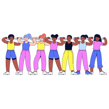 A group of fitness class participants is performing synchronized bicep curls. Each person is wearing a colorful workout outfit, with some in bright tank tops and others in fitted shorts. They are standing in a straight line, facing forward, with their arms raised and dumbbells in hand. The individuals have a variety of hairstyles and body types, showcasing diversity. The setting has a simple background, emphasizing the focus on their movements and coordination. Each participant's facial expression shows concentration as they perform the exercise together.
