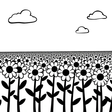 A vast field filled with numerous sunflowers standing tall, their large, round heads facing upward. Each sunflower is detailed with distinct petal shapes and textures, surrounded by green leaves and tall stems. The field extends towards the horizon, creating a sense of depth and abundance. The sky overhead is filled with fluffy clouds scattered across the vast expanse, creating a dynamic backdrop to the scene.