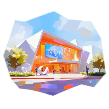 A modern science center facade featuring a dynamic, angular architectural design made of glass and steel. The building showcases a variety of interactive displays integrated into its exterior, including large digital screens that exhibit scientific information and colorful graphics. The facade is illuminated with bright LED lights, creating an engaging atmosphere. Surrounding the entrance are several contemporary sculptures and green spaces filled with plants, enhancing the vibrant environment of the center. The sky above is clear, providing a striking backdrop to the innovative structure.