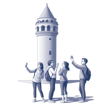 A group of four tourists standing in front of "Galata Tower," a tall, cylindrical stone structure with a conical roof. The tourists are holding cameras and smartphones, capturing moments with the tower in the background. One person is smiling widely while taking a selfie, while another is pointing at the tower. The third tourist is adjusting their camera settings, and the fourth is looking up at the tower, admiring its architecture. The scene is bright and lively, with shadows cast by the tower on the ground.