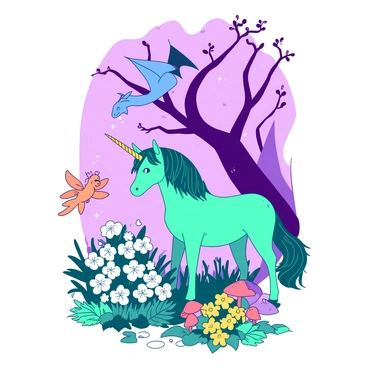 An 8x10 illustration board features an enchanted garden filled with vibrant flora and mythical creatures. In the foreground, a teal unicorn with a glistening horn stands beside a blooming white flower patch. Nearby, a small orange fairy with delicate wings hovers above a cluster of bright yellow flowers, casting a gentle glow. In the background, a large purple tree with twisting branches creates a stunning backdrop, while a blue dragon perches on one of its lower limbs, watching over the scene. The ground is dotted with colorful mushrooms and ferns, contributing to the magical atmosphere of the garden.