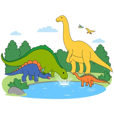 A group of colorful dinosaurs gathered around a sparkling waterhole. A large, green Tyrannosaurus rex dips its head to drink, while a blue Triceratops splashes water playfully with its feet. Nearby, a small orange Velociraptor jumps excitedly into the shallow water, sending droplets flying. A yellow Brachiosaurus towers over the scene, stretching its long neck to reach the water. The surrounding area is filled with lush green foliage and a bright blue sky overhead. A few colorful birds flutter above, adding to the lively atmosphere of the scene.