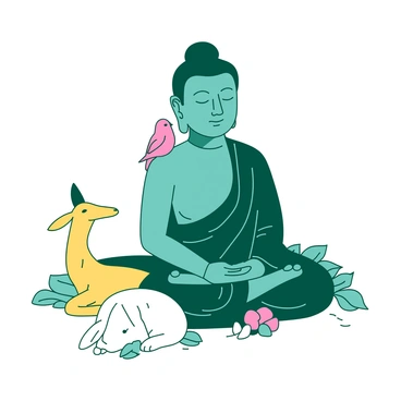 A teal Buddha statue sits cross-legged with a calm expression on its face. Surrounding the Buddha are various animals, including a small white rabbit, a yellow deer, and a pink bird, all resting peacefully. The rabbit is nestled close to the Buddha's feet, while the deer is lying down beside the statue, gazing up serenely. The bird is perched on the Buddha's shoulder, adding to the tranquil scene. The setting has an aura of harmony as the animals bask in the peaceful presence of the Buddha.